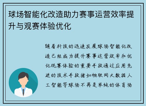 球场智能化改造助力赛事运营效率提升与观赛体验优化